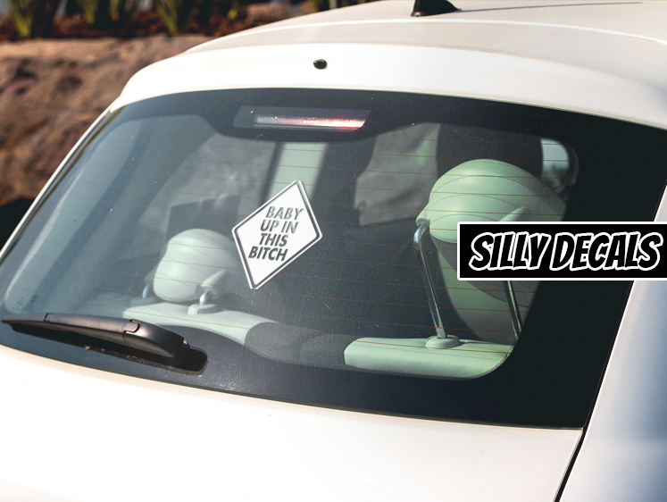 Baby Up In This Bitch; Funny Vinyl Decals Suitable For Cars, Windows, Walls, and More!