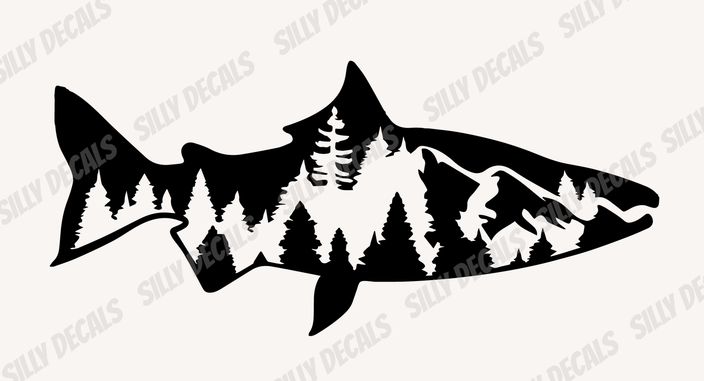 Fish Mountain Silhouette; Fishing Mountains Vinyl Decals Suitable For Cars, Windows, Walls, and More!