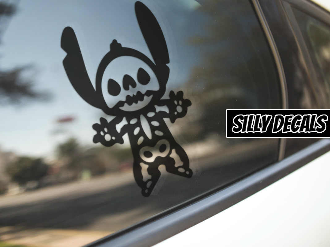 Skeleton Inspired Stitch; Cute Spooky Halloween Character Vinyl Decals Suitable For Cars, Windows, Walls, and More!