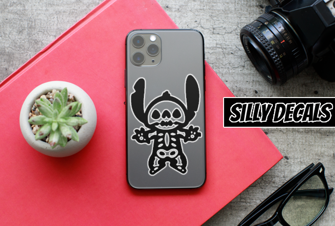 Skeleton Inspired Stitch; Cute Spooky Halloween Character Vinyl Decals Suitable For Cars, Windows, Walls, and More!